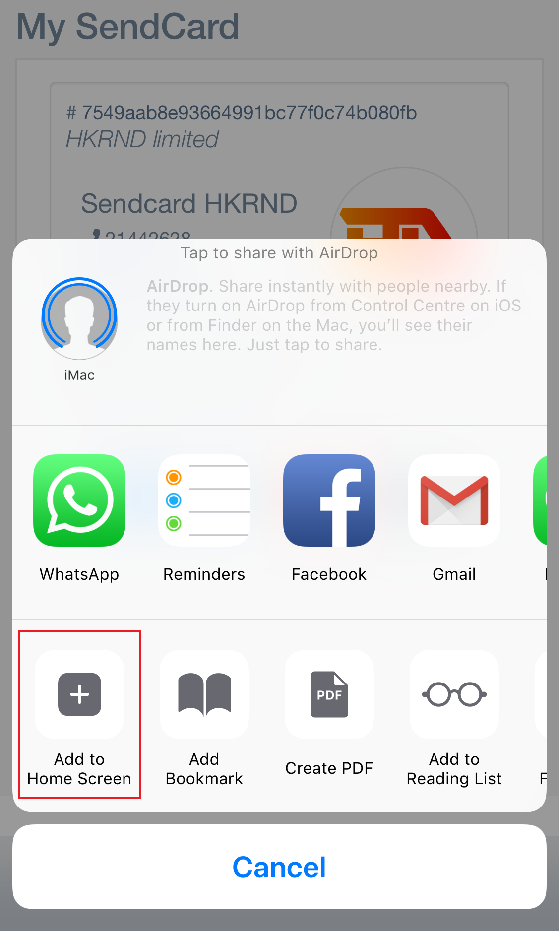 Add SendCard to home screen buttom