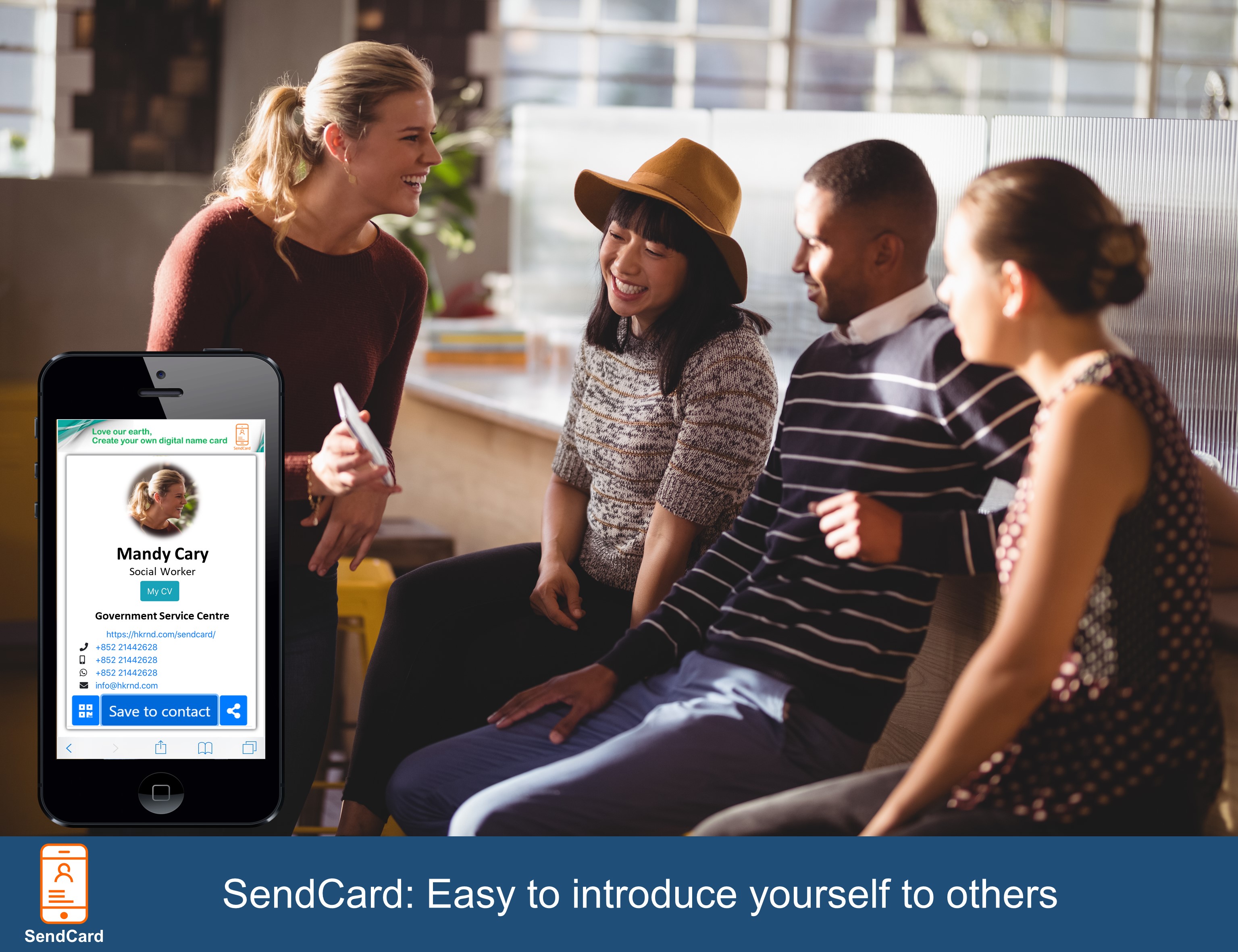 Girl introducing sendcard to people