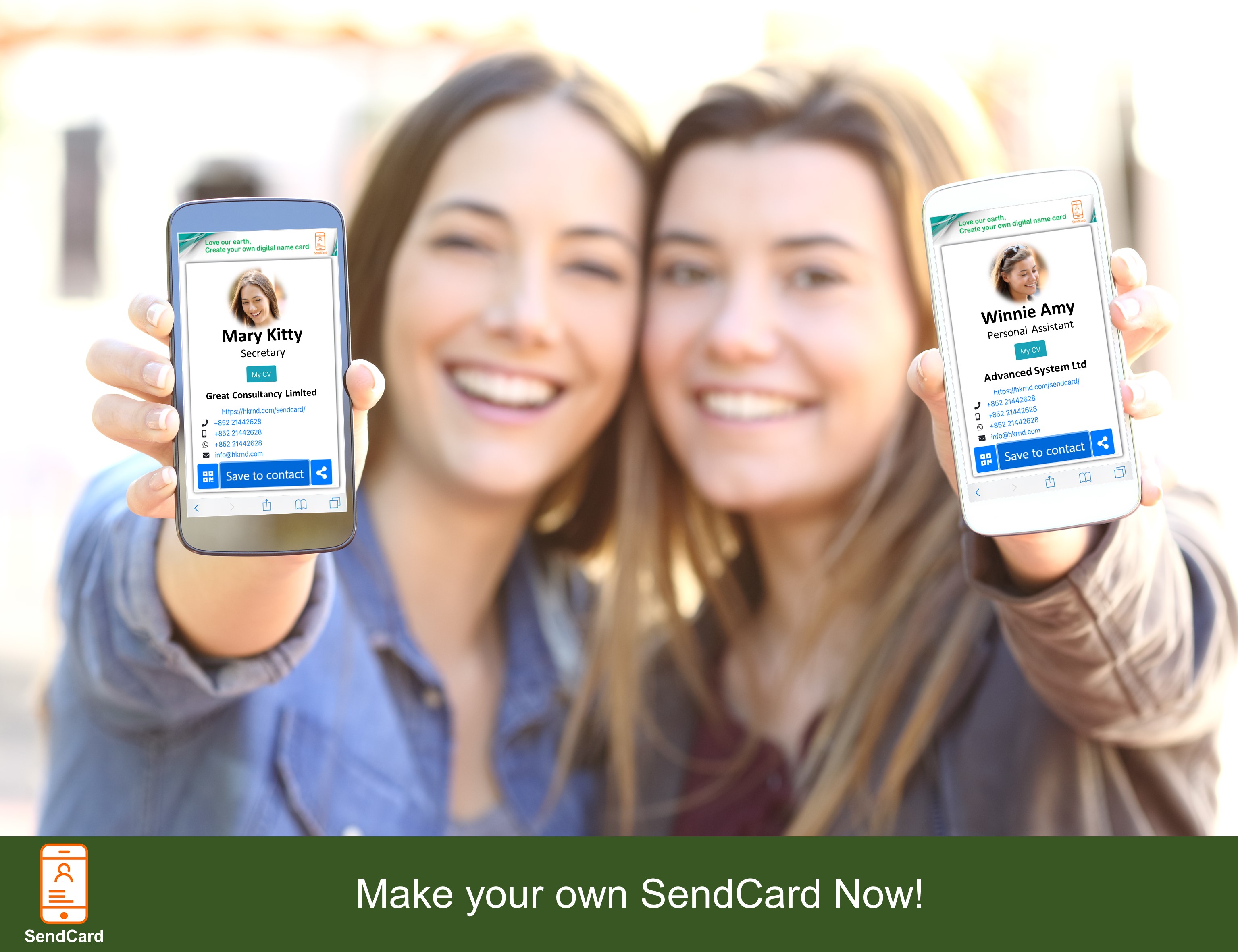 Two girl showing their digital namecard